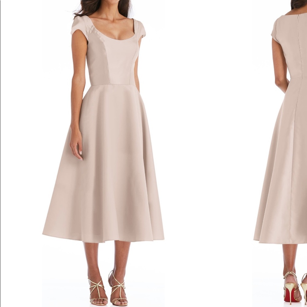 Alfred Sung - Cap Sleeve Full Skirt Satin Midi Cocktail Dress